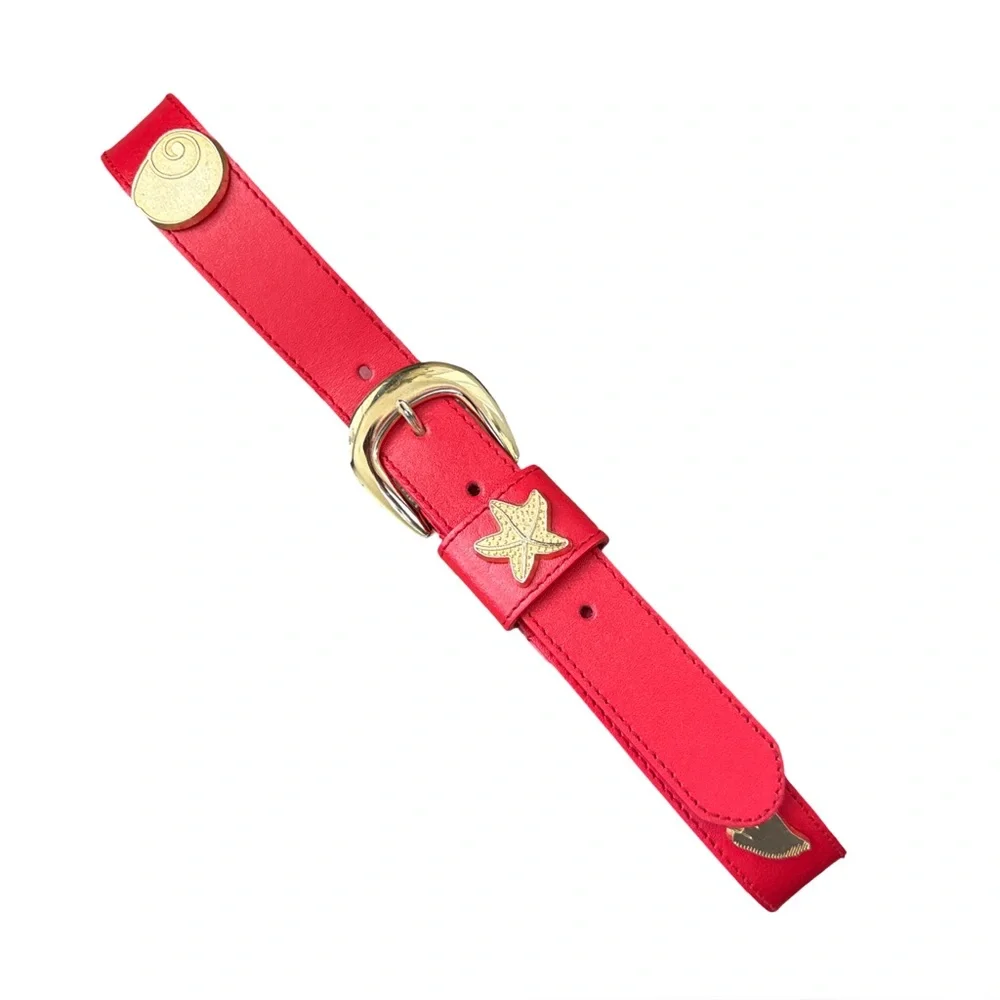 Vintage Dockers Coastal Red Leather Belt Gold Seashells M 28–32